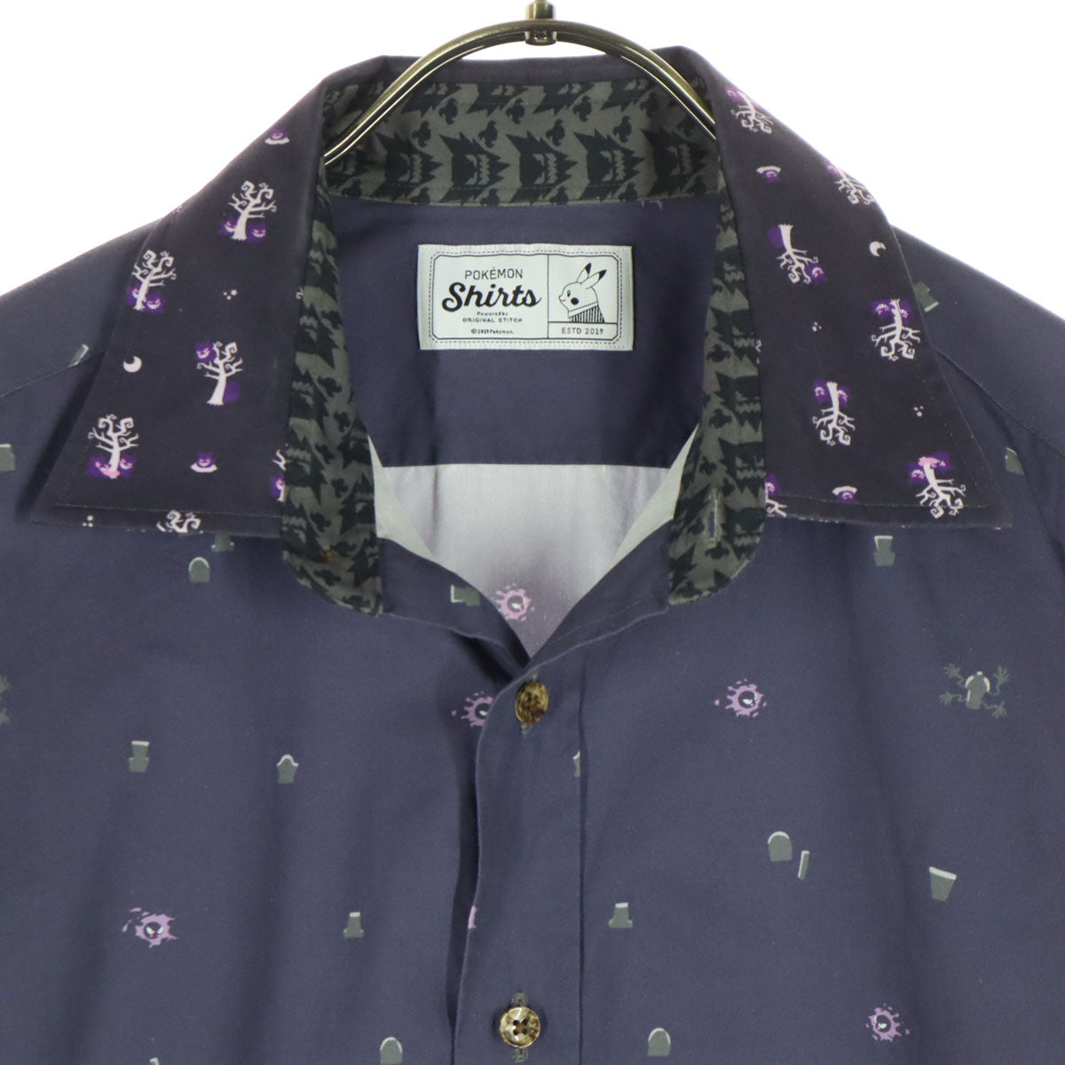 美品 Pok_mon Shirts ポケモンシャツ 日本製 長袖 コットンシャツ パープル系 ゲンガー ゴースト メンズ