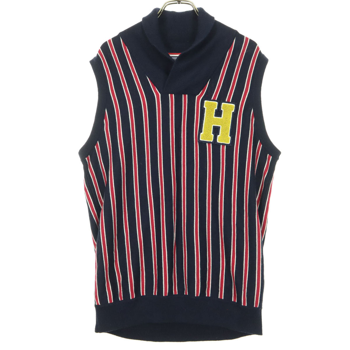 TOMMY HILFIGER トミーヒルフィガー ストライプ柄 ノースリーブ ショールカラー ニットベスト L ネイビー メンズ