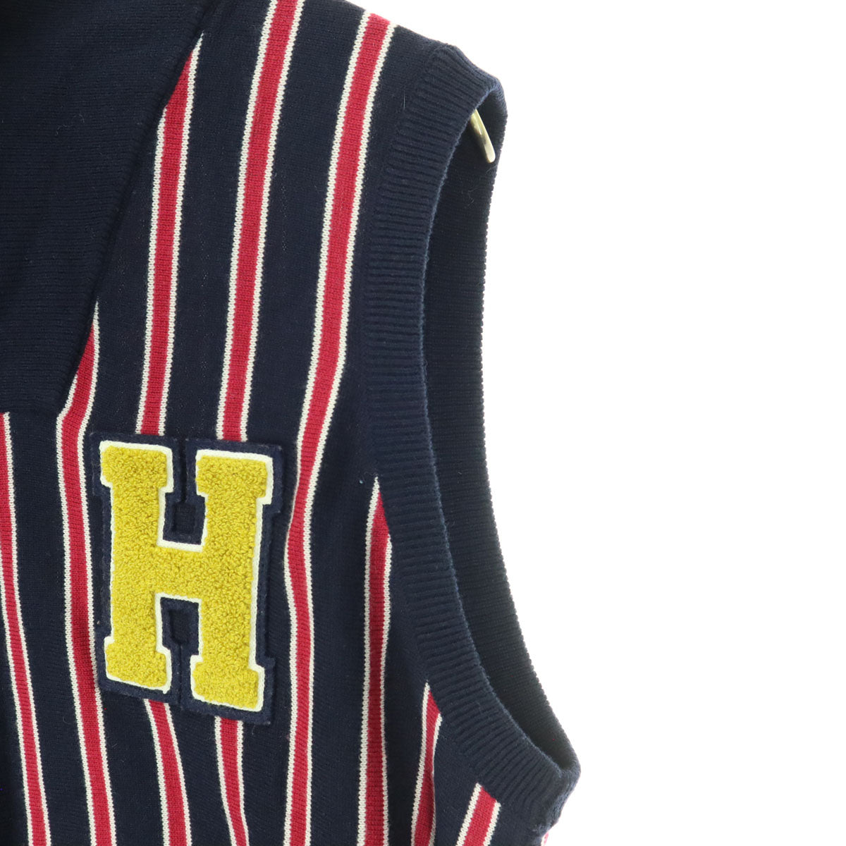 TOMMY HILFIGER トミーヒルフィガー ストライプ柄 ノースリーブ ショールカラー ニットベスト L ネイビー メンズ