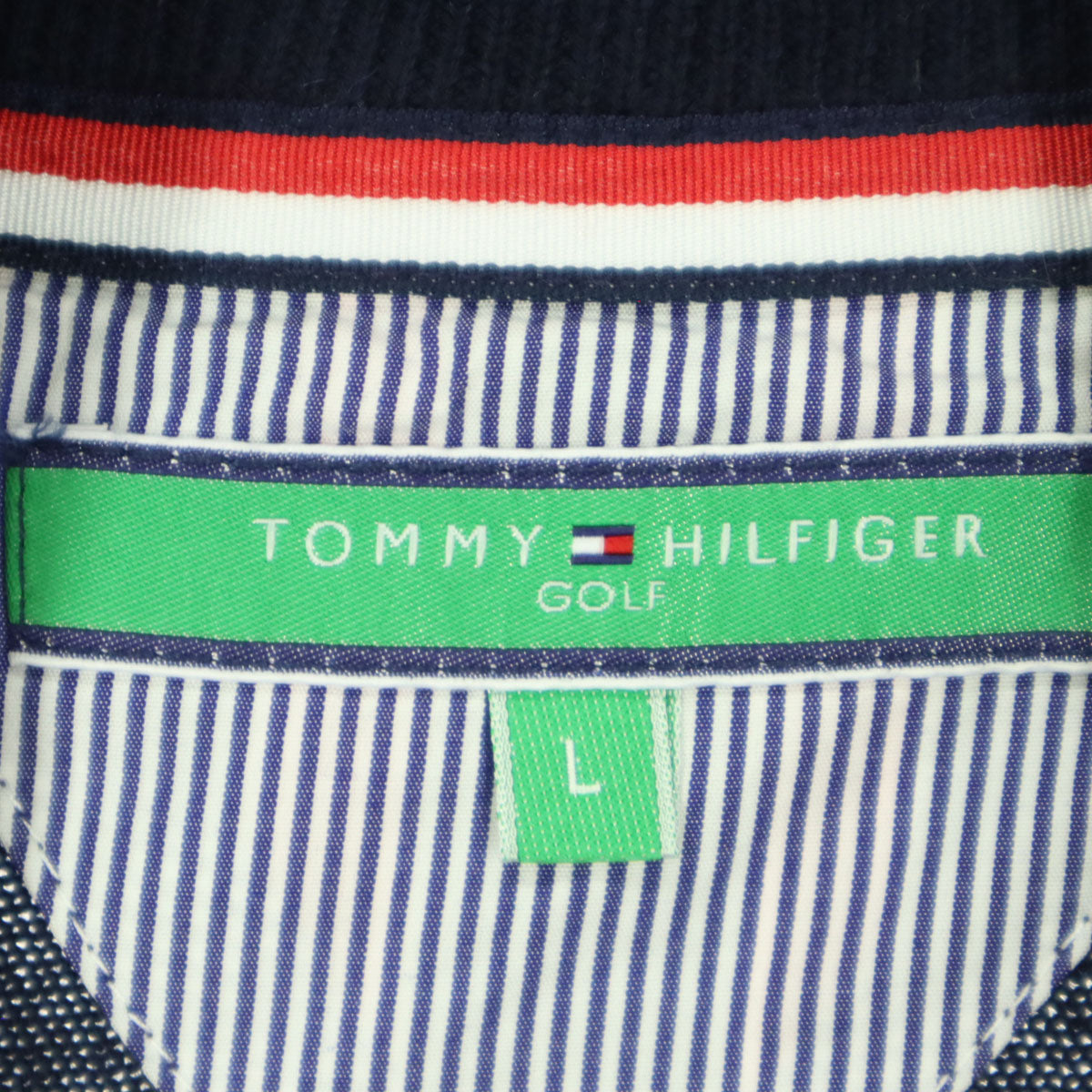 TOMMY HILFIGER トミーヒルフィガー ストライプ柄 ノースリーブ ショールカラー ニットベスト L ネイビー メンズ