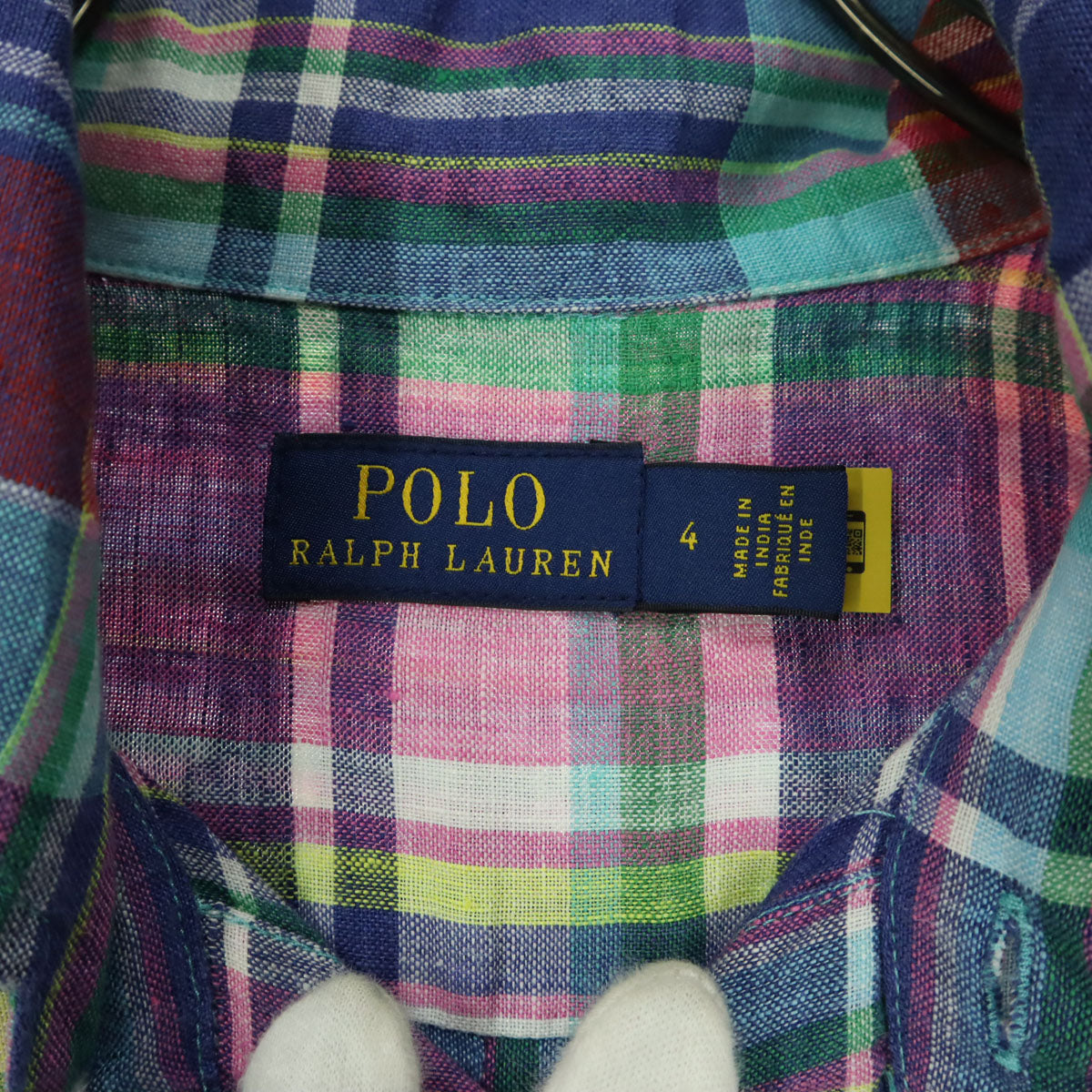 POLO RALPH LAUREN ポロラルフローレン リネン ポニー刺繍 マルチカラー マドラスチェック柄 長袖 シャツワンピース 4 ブルー系 レディース