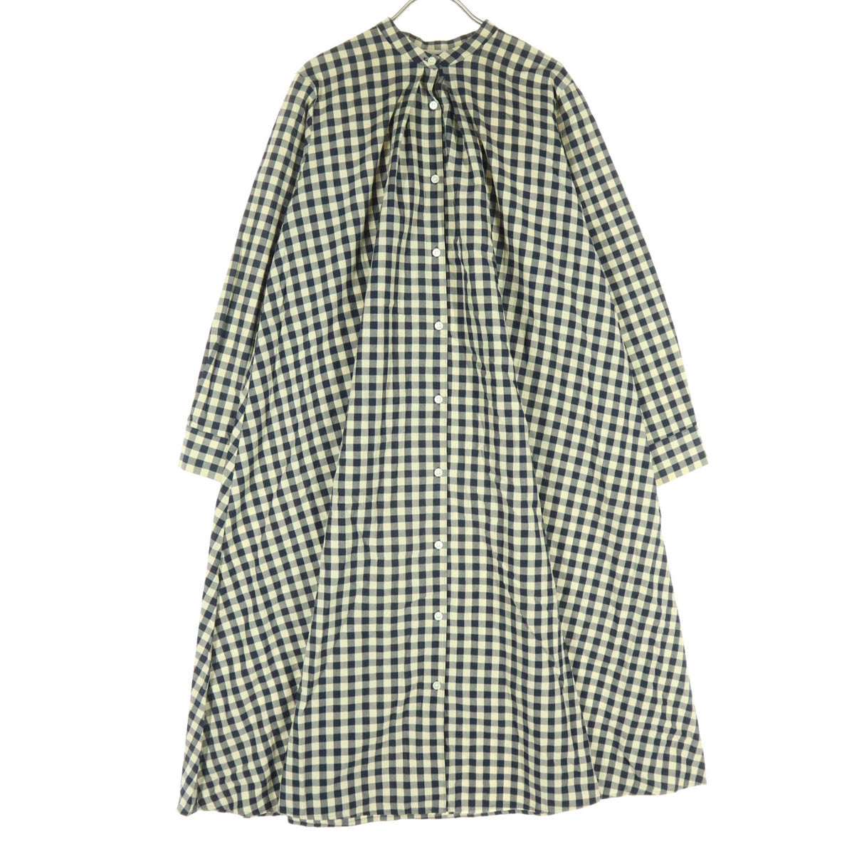 美品 MidiUmi ミディウミ チェック柄 長袖 ノーカラー シャツワンピース ネイビー系 レディース