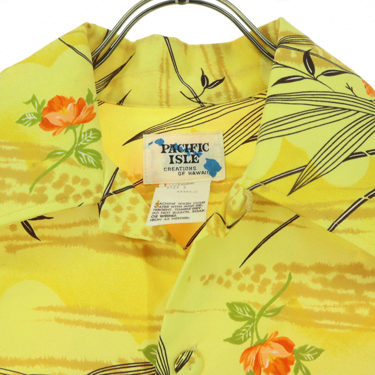 美品 PACIFIC ISLE パシフィックアイル 70s ヴィンテージ デカ襟 総柄 ハイビスカス 半袖 アロハシャツ S イエロー メンズ