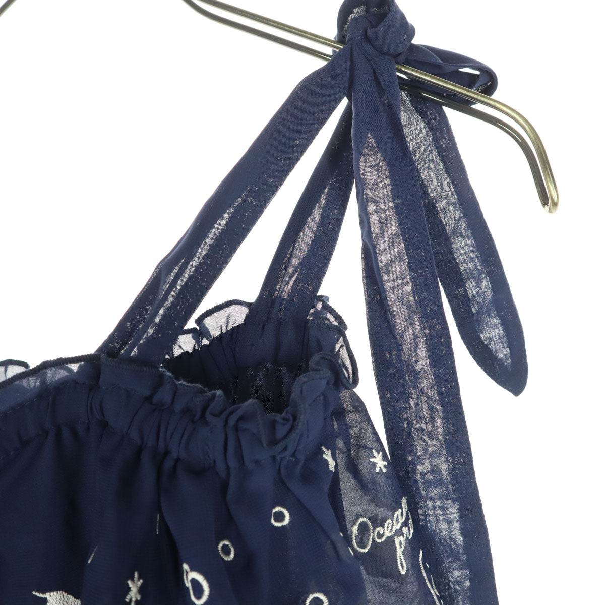 未使用 axes femme アクシーズファム THE LITTLE MERMAID コラボ マリン刺繍 ノースリーブ キャミソール ロングワンピース M ネイビー フリル リトルマーメイドコラボ レディース