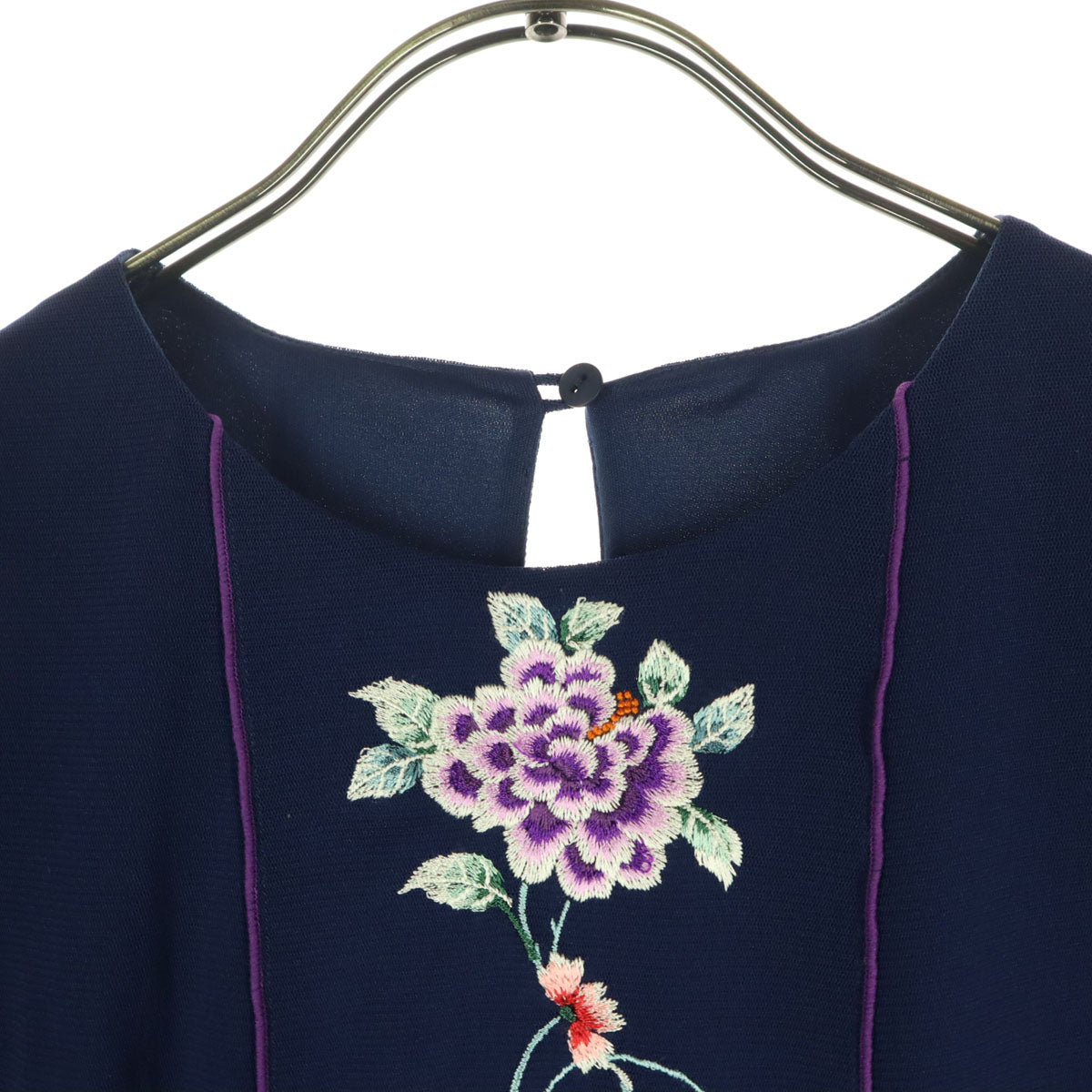 美品 VIVIENNE TAM ヴィヴィアンタム 花柄刺繍 長袖 シアー袖 膝丈ワンピース 42 ネイビー レディース