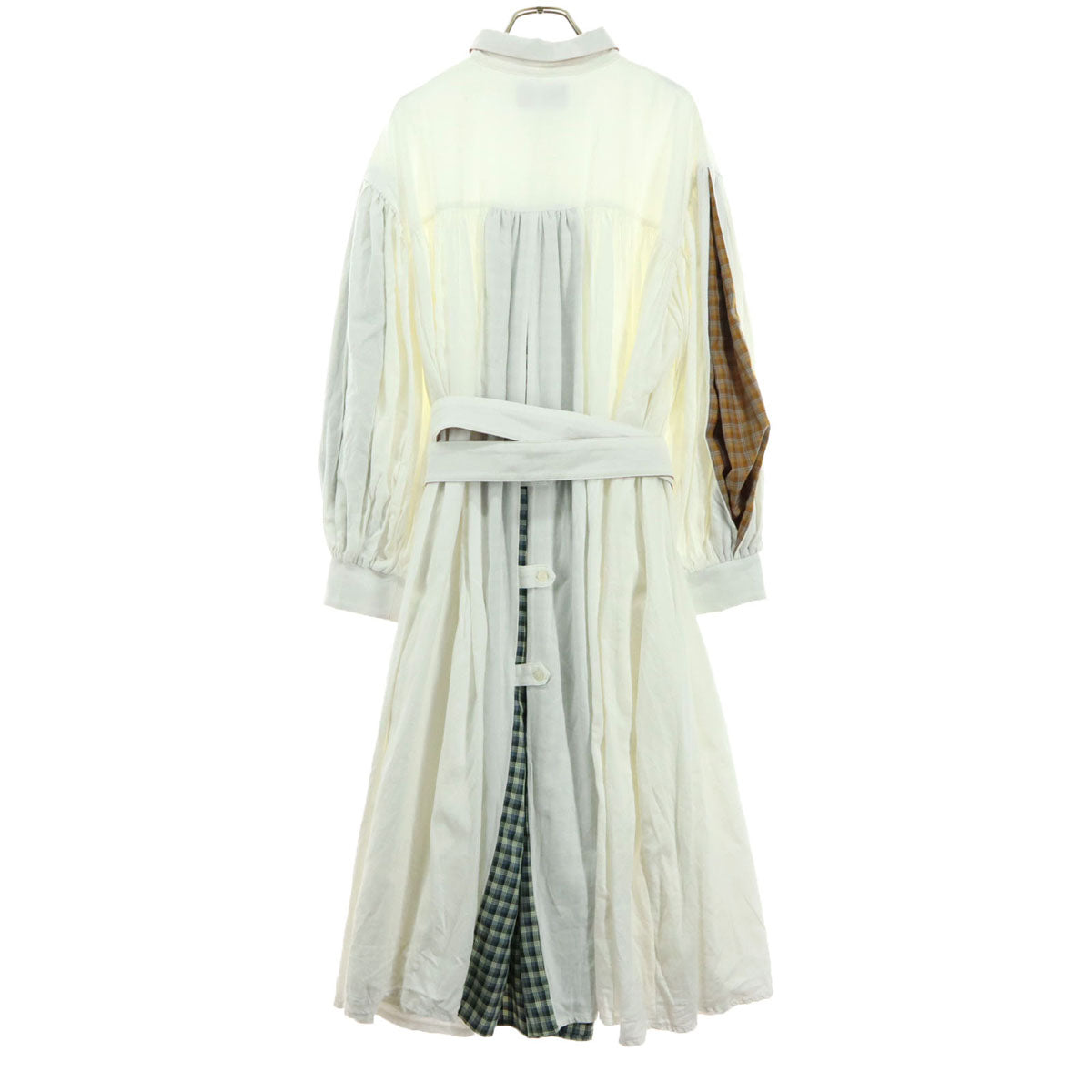 美品 RRR TOKYO アールトウキョウ チェック柄 長袖 シャツワンピース アイボリー ロング丈 ベルト付き レディース