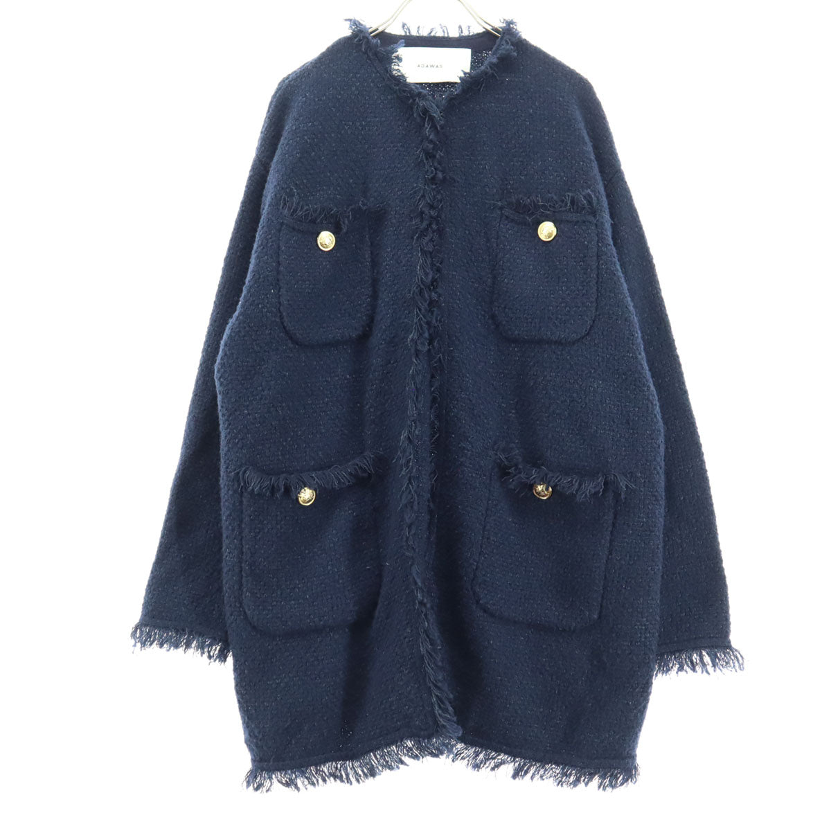 美品 ADAWAS アダワス 長袖 ツイードジャケット FREE ネイビー レディース