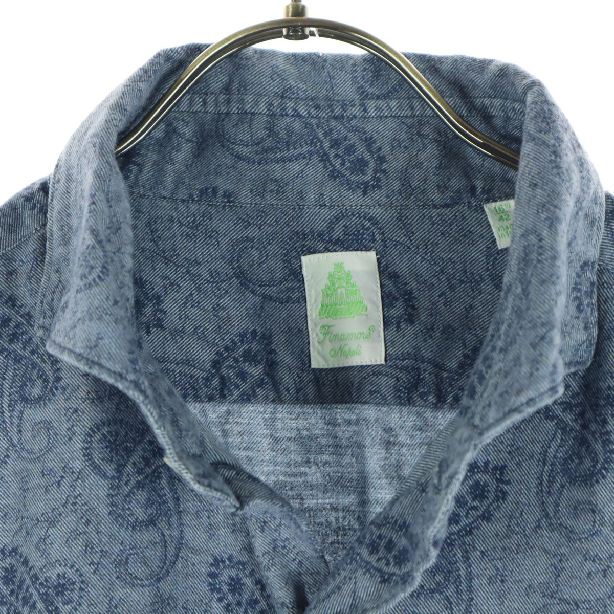 美品 Finamore フィナモレ イタリア製 総柄 長袖 コットンシャツ ブルー メンズ