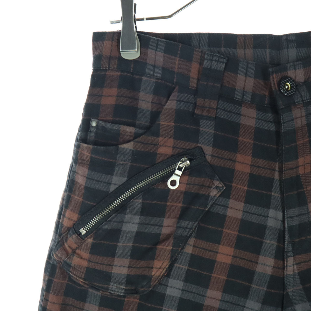 美品 PPFM ピーピーエフエム チェック柄 立体裁断 コットンパンツ ブラウン メンズ