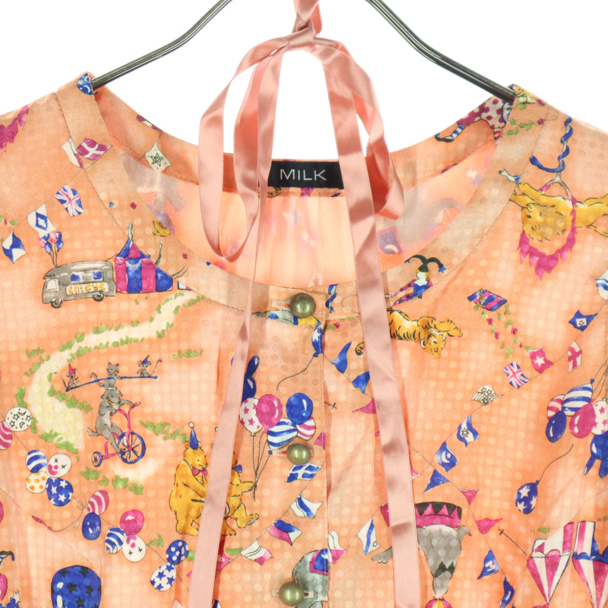 美品 MILK ミルク 日本製 サーカス柄 7分袖 膝丈ワンピース オレンジ リボン付 レディース