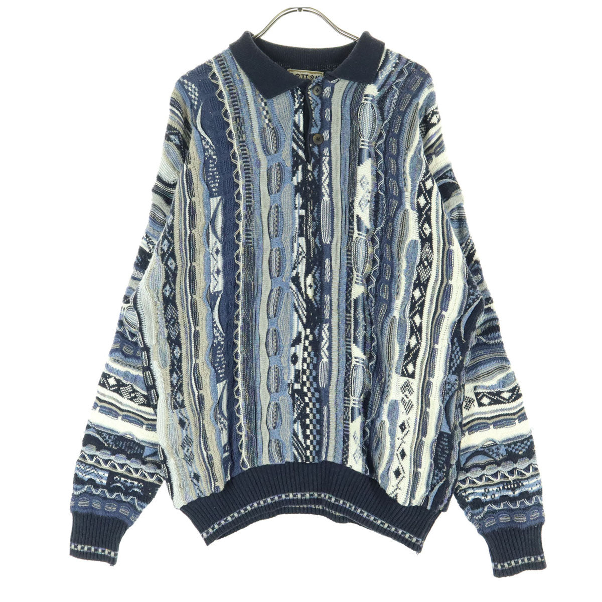 COTTON TRADERS コットントレーダース 90s オールド 総柄 長袖 ニット ポロシャツ M ブルー系 3Dニット メンズ
