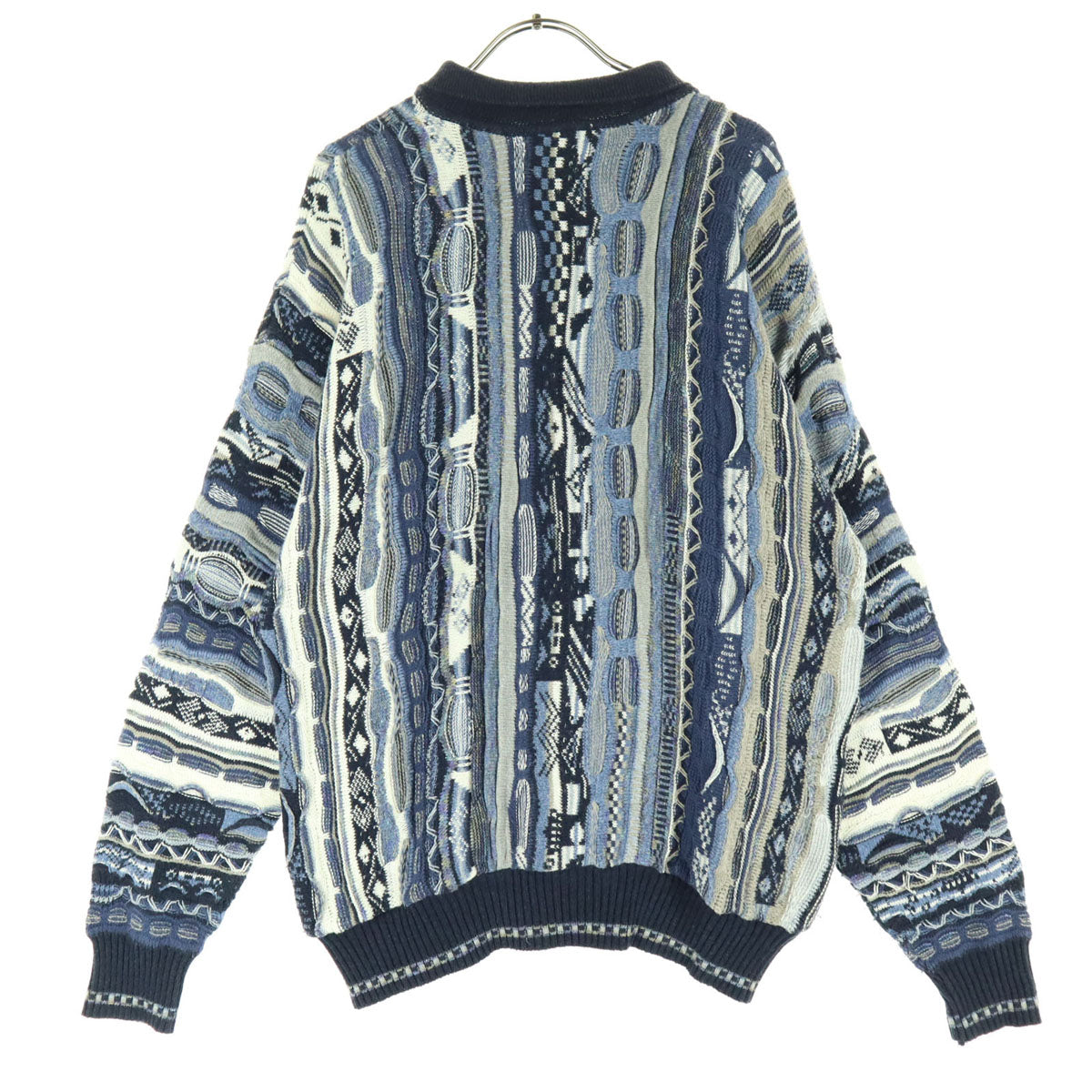 COTTON TRADERS コットントレーダース 90s オールド 総柄 長袖 ニット ポロシャツ M ブルー系 3Dニット メンズ
