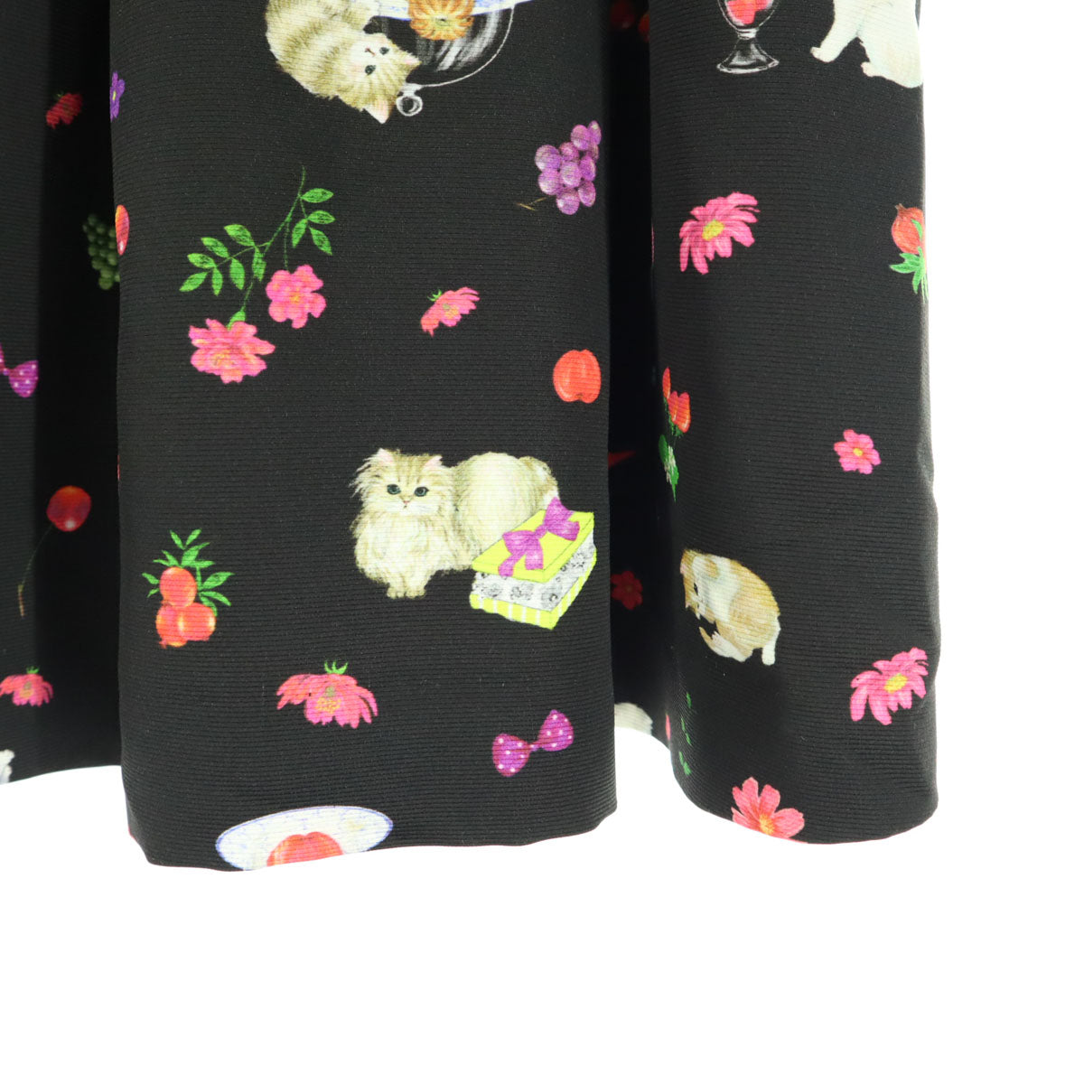 美品 Franche lippee フランシュリッペ 日本製 アニマル柄 ミニ丈 フレアスカート M ブラック 猫 レディース