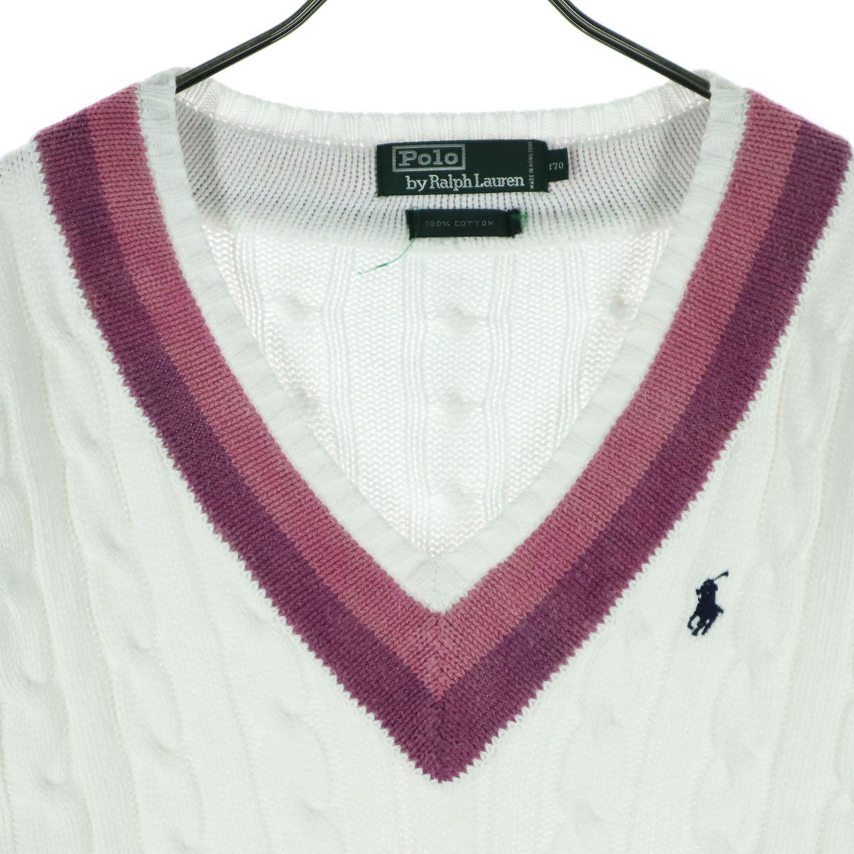 美品 Polo by Ralph Lauren ポロバイラルフローレン 90s オールド フィッシャーマン 長袖 Vネック ケーブル編み コットン ニット 170 ホワイト レディース