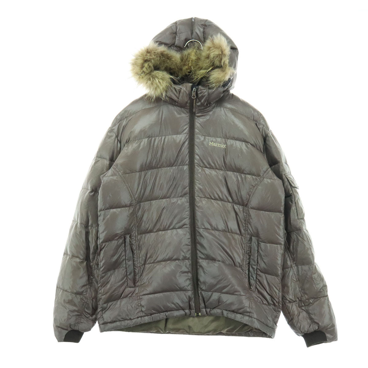 MARMOT マーモット 英字 長袖 フーディー ダウンジャケット L グレー デサント社製 フード取外し可 レディース