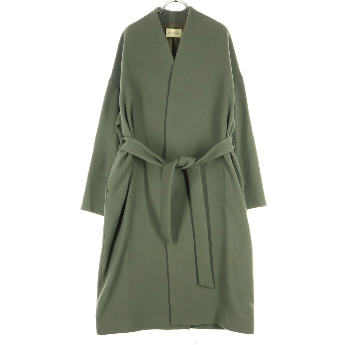 美品 Curensology カレンソロジー 長袖 ベルト付き ノーカラー ガウンコート F カーキ レディース