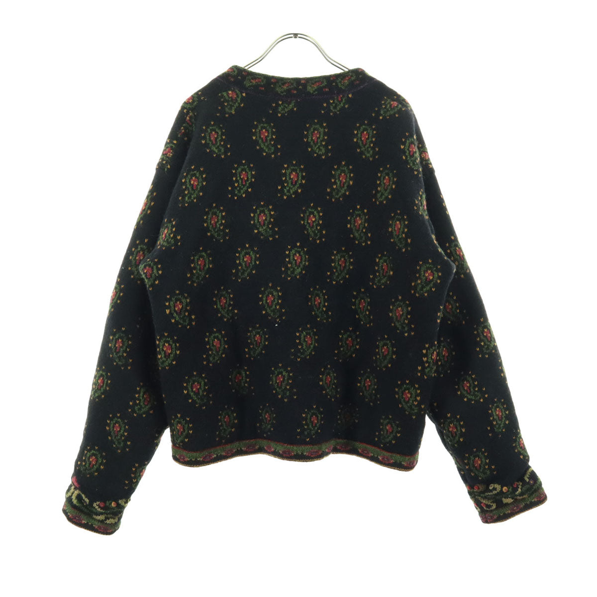 ICELANDIC DESIGN アイスランディックデザイン ウール ペイズリー柄 長袖 ノーカラー ニット カーディガン L ブラック 中綿入り レディース