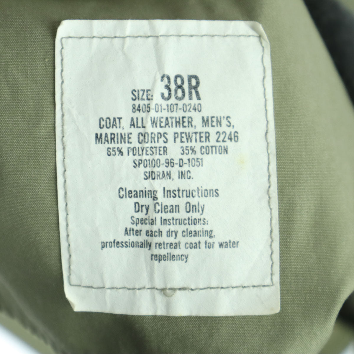 SIDRAN U.Sマリンコープ SP0100-96-D-1051 長袖 トレンチコート 38R カーキ ライナー取外し可 メンズ