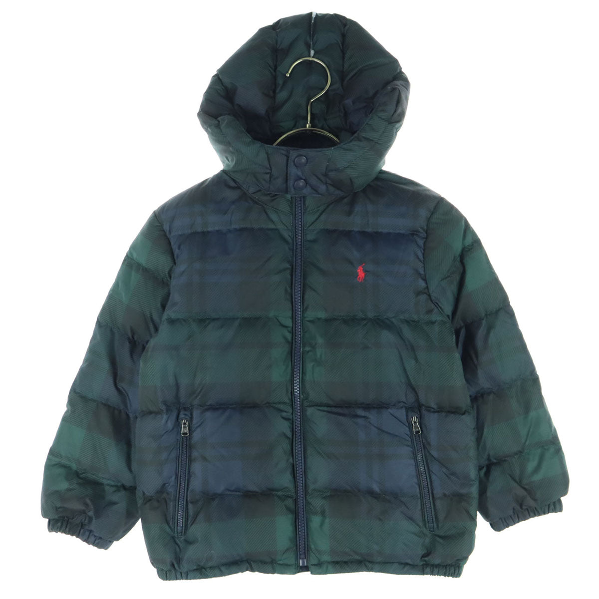 美品 RALPH LAUREN ラルフローレン チェック柄 フード取外し可 ダウンジャケット 6 グリーン キッズ