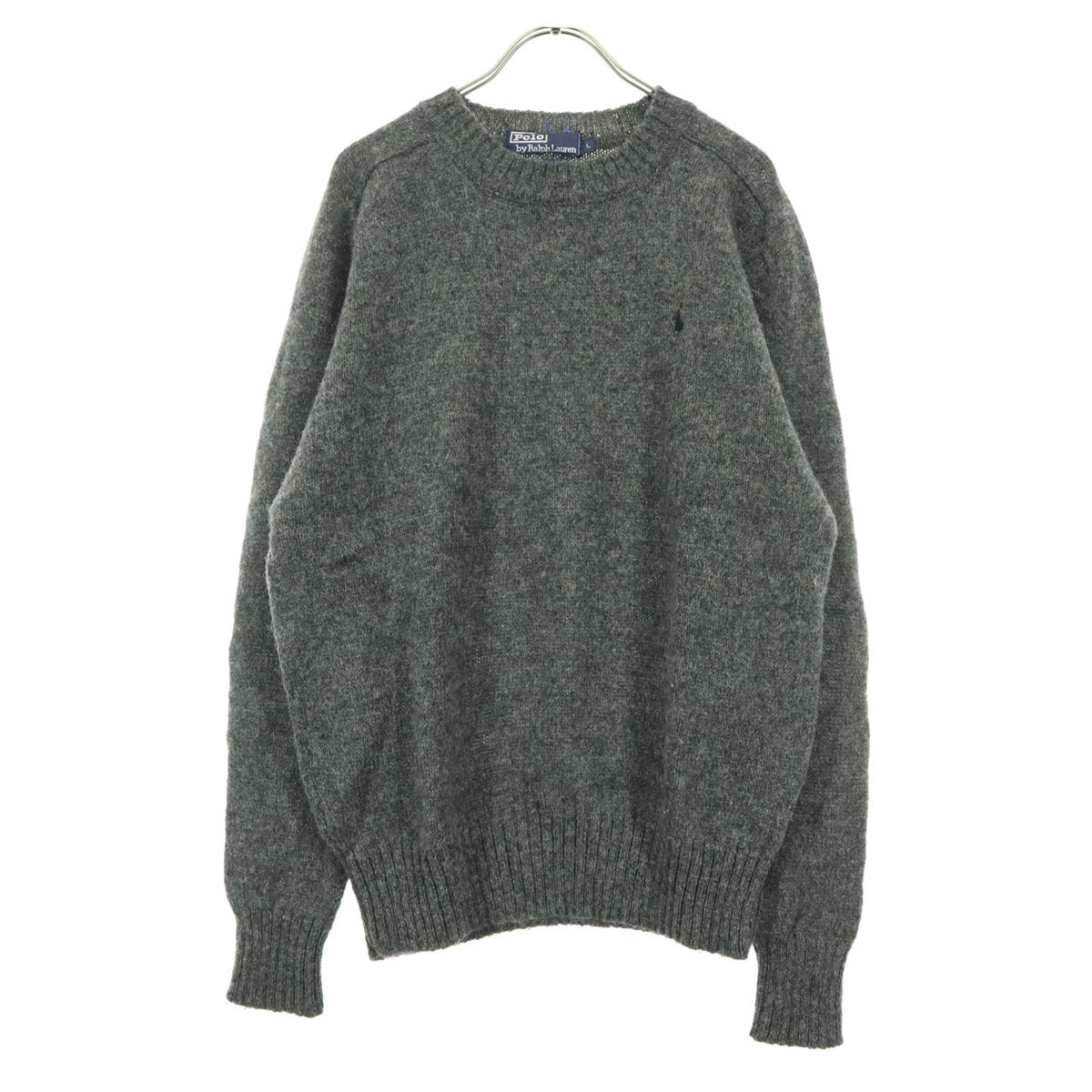 美品 RALPH LAUREN ラルフローレン ロゴ刺繍 長袖 ウール セーター L グレー メンズ