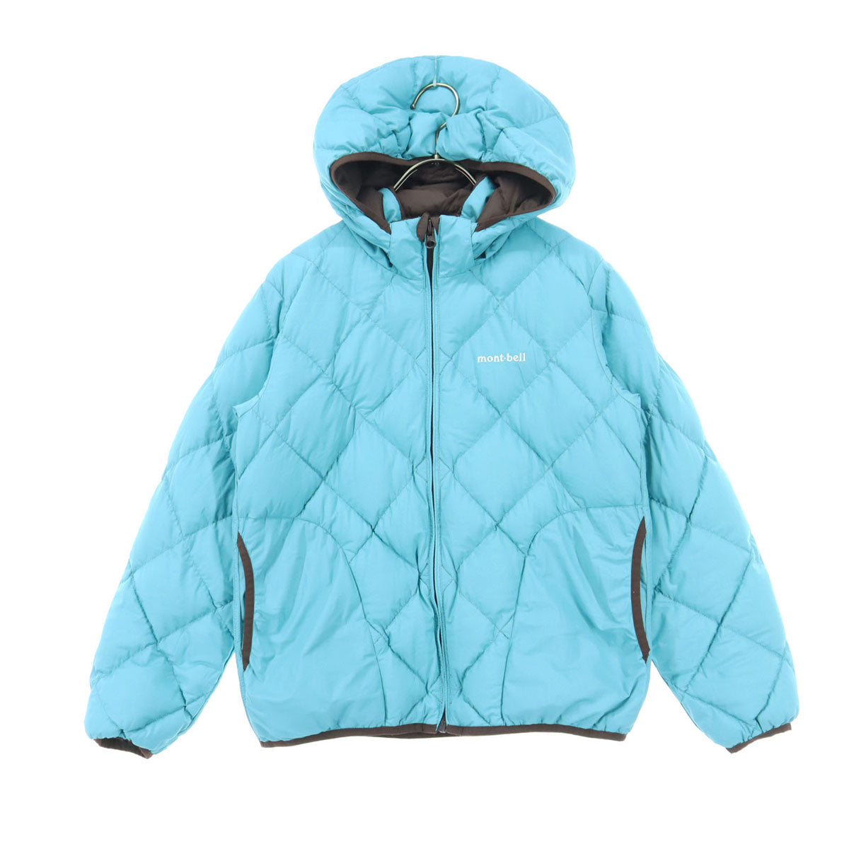 美品 mont-bell モンベル 英字 長袖 ダウンジャケット 150 ブルー リバーシブル フード取り外し可 キッズ