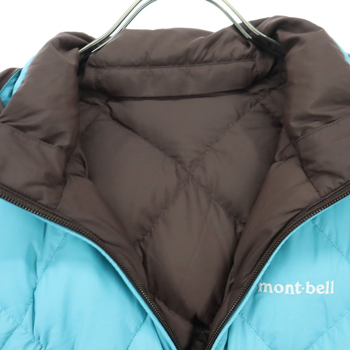 美品 mont-bell モンベル 英字 長袖 ダウンジャケット 150 ブルー リバーシブル フード取り外し可 キッズ