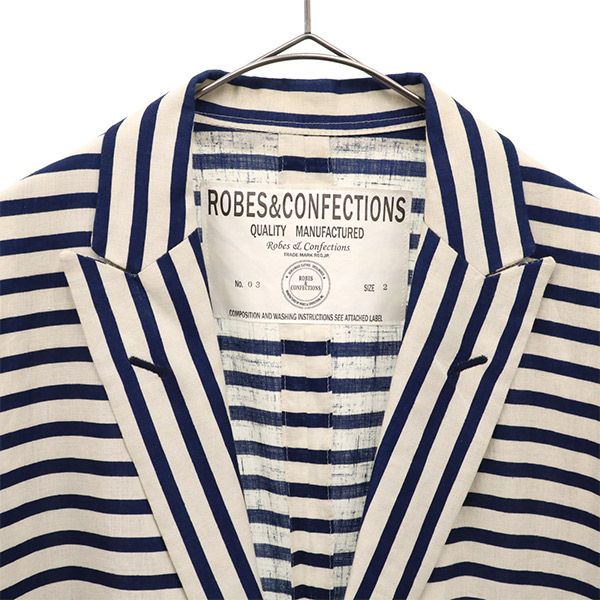 ローブスコンフェクションズ リネン ボーダー テーラードジャケット 2 ホワイト×ネイビー レディース
