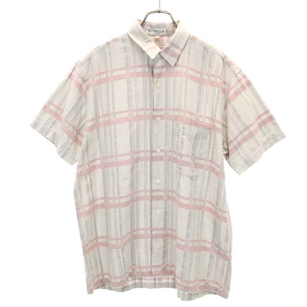 LANVIN ランバン 90s オールド チェック柄 ロゴ刺繍 半袖 シャツ L グレー系 メンズ