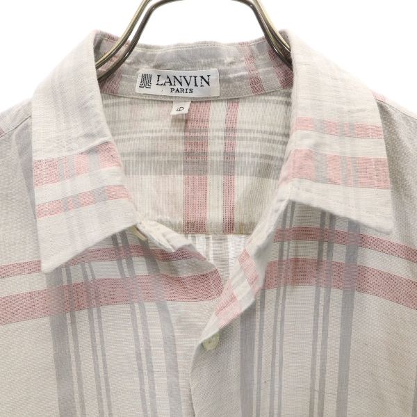 LANVIN ランバン 90s オールド チェック柄 ロゴ刺繍 半袖 シャツ L グレー系 メンズ