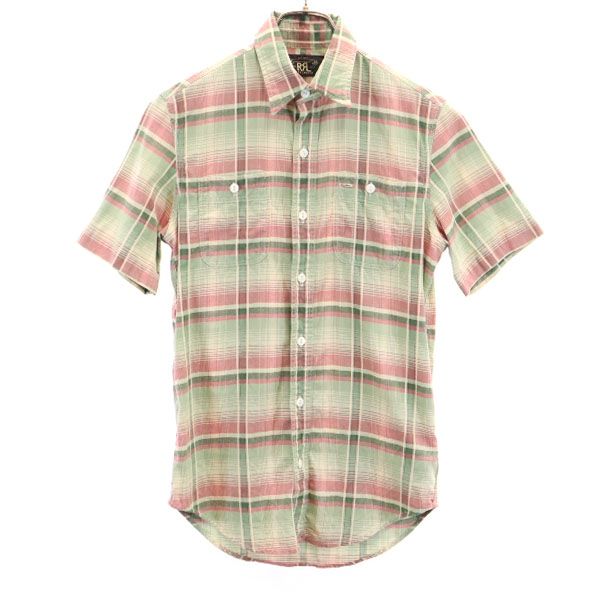 RRL ダブルアールエル 黒タグ 一ツ星 ストライプ柄 半袖 シャツ XS 緑×ピンク×ベージュ RALPH LAUREN メンズ