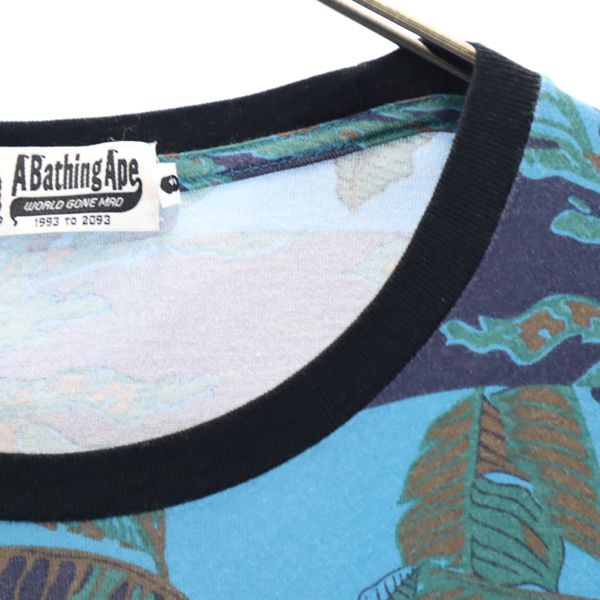 A BATHING APE アベイシングエイプ 日本製 総柄 半袖 Tシャツ L ブルー系 ポケT メンズ