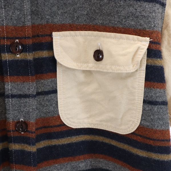 COMME des GARCONS HOMME コムデギャルソンオム 2013年 日本製 ウールブレンド ボーダー柄 長袖 シャツ S ベージュ×グレー×紺 メンズ