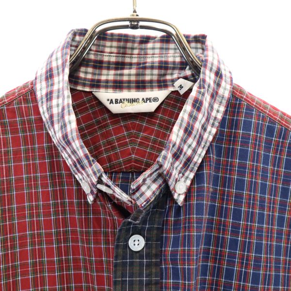 A BATHING APE アベイシングエイプ チェック柄 半袖 ボタンダウンシャツ M 赤×青×深緑 メンズ
