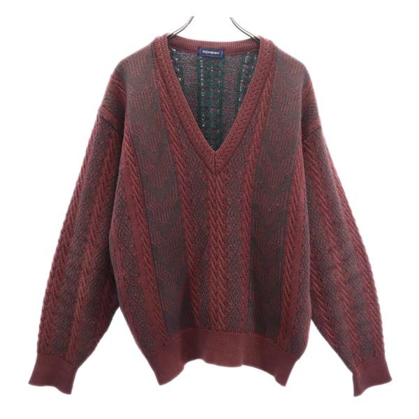 YVES SAINT LAURENT イヴサンローラン 90s ウール 総柄 長袖 Vネック セーター L パープル系 ニット メンズ