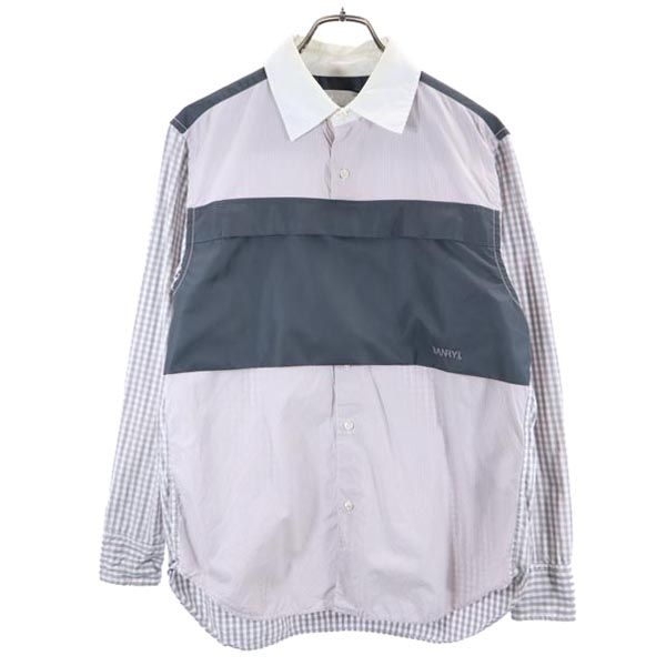 ガンリュウ 2014年 日本製 チェック柄 切替 長袖 ドッキング シャツ S グレー系 GANRYU 胸ポケット メンズ