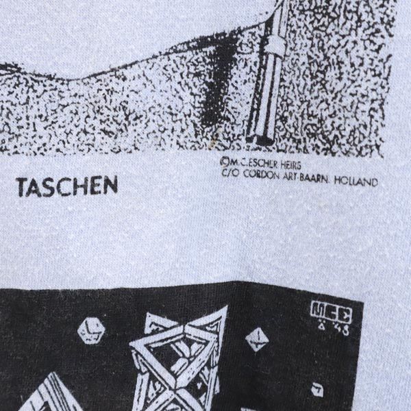 M C Escher マウリッツエッシャー 90s USA製 マルチ だまし絵 プリント 半袖 Tシャツ 青系 メンズ