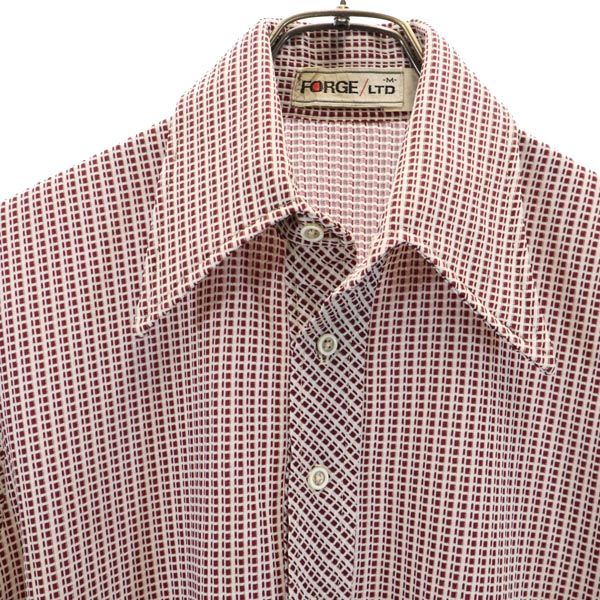 FORGE 70s ヴィンテージ 総柄 半袖 ポロシャツ M えんじ×白 メンズ