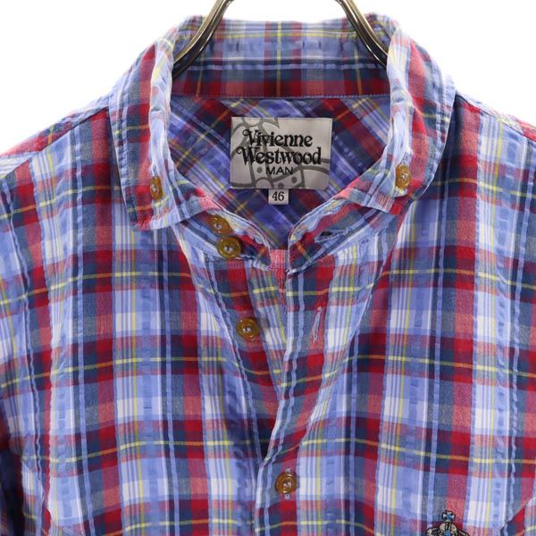 ヴィヴィアンウエストウッド 日本製 チェック柄 長袖 シアサッカー ボタンダウンシャツ 46 水色系 Vivienne Westwood メンズ