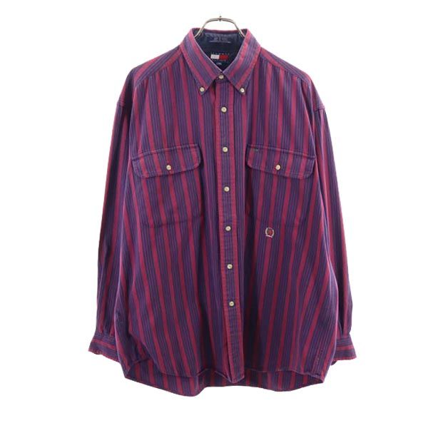 TOMMY HILFIGER トミーヒルフィガー 90s オールド フラッグタグ ストライプ柄 長袖 ボタンダウンシャツ L えんじ×ネイビー メンズ