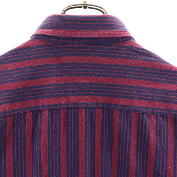 TOMMY HILFIGER トミーヒルフィガー 90s オールド フラッグタグ ストライプ柄 長袖 ボタンダウンシャツ L えんじ×ネイビー メンズ