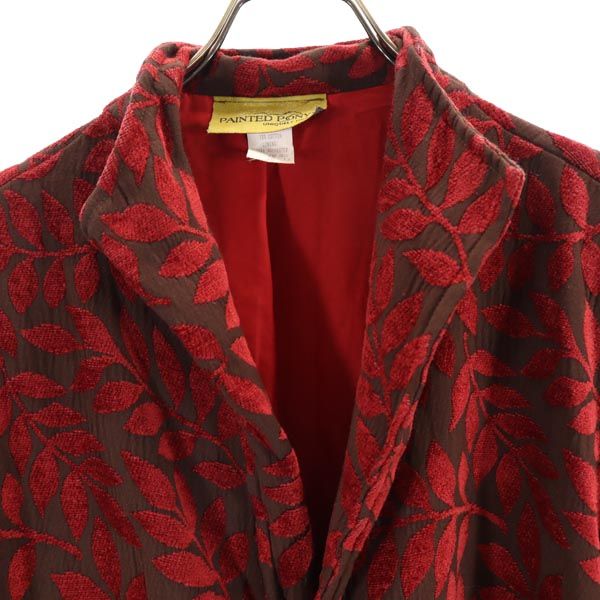 Painted Pony 80s 90s オールド USA製 リーフ柄 ノーカラージャケット 2X ブラウン×レッド レディース