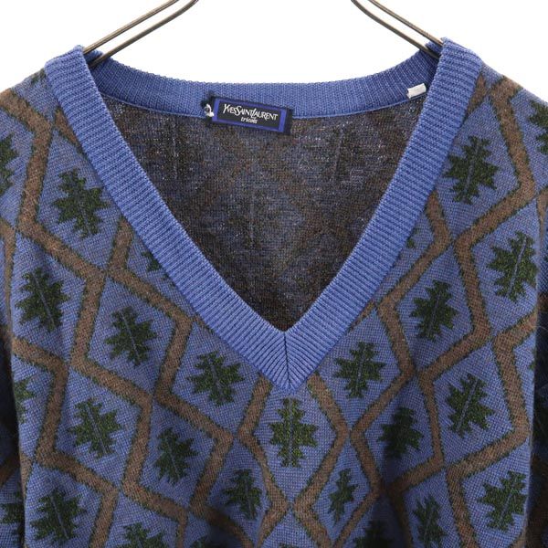 YVES SAINT LAURENT tricots イヴサンローラントリコット モヘヤブレンド 総柄 長袖 ニット L ブルー系 セーター メンズ