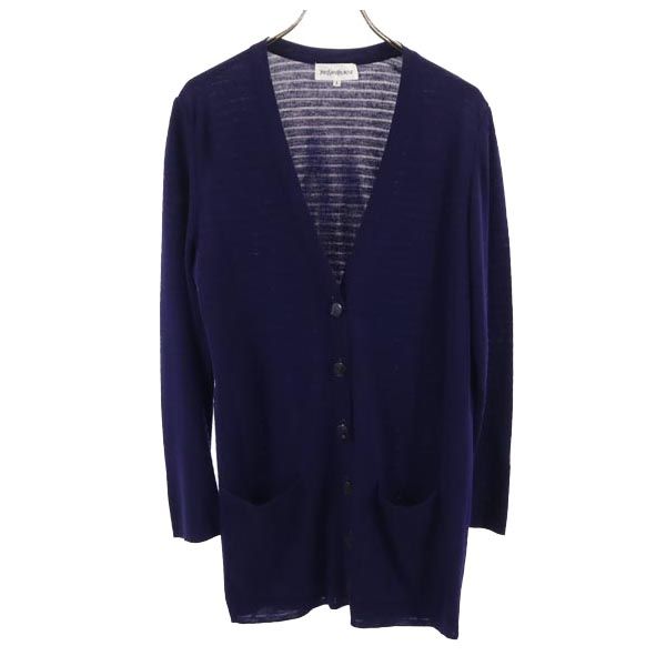 YVES SAINT LAURENT イヴサンローラン 日本製 ウールブレンド ボーダー 長袖 Vネック ニット カーディガン L ネイビー系 レディース