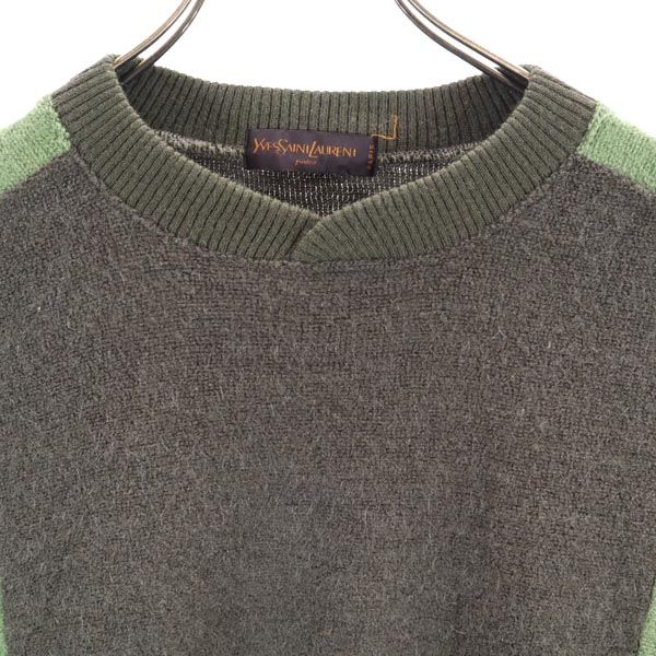 YVES SAINT LAURENT イヴサンローラン 90s オールド 長袖 ウールブレンド セーター Ｍ グレー×グリーン 長袖ニット メンズ