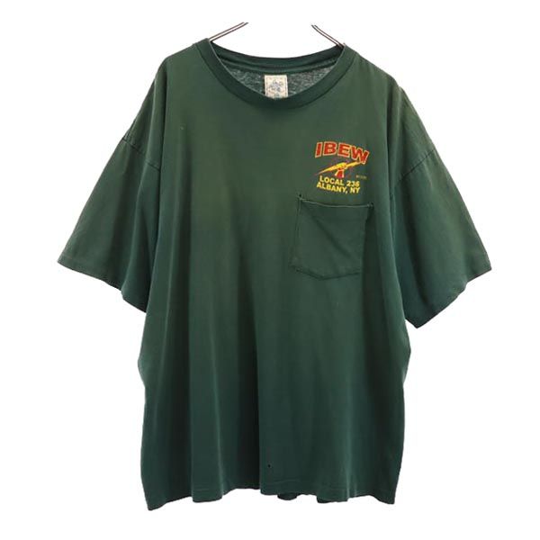 オールド 90s USA製 プリント 半袖 Tシャツ XXL グリーン系 OLD 胸ポケット メンズ