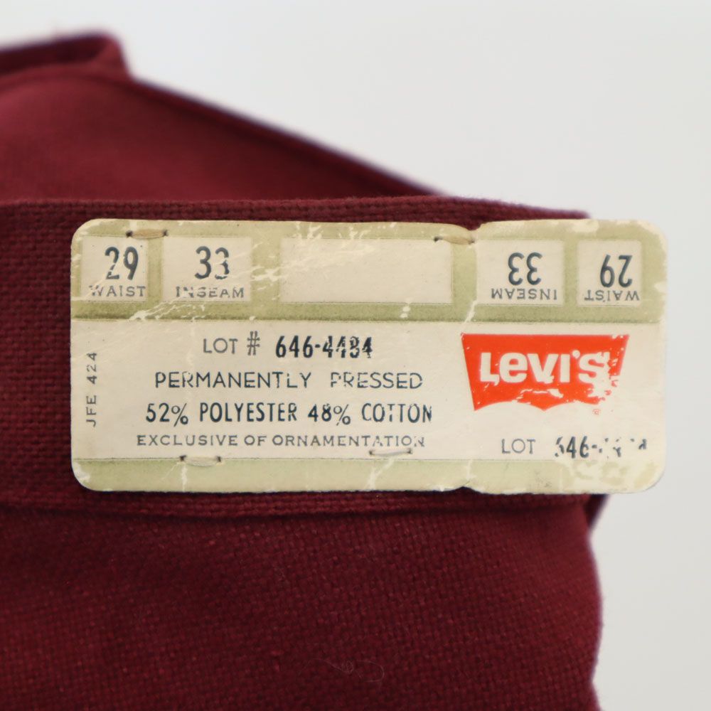 Levi's リーバイス 70s 未使用 STA-PREST デッドストック 646 極東リーバイス BIG E ブーツカットパンツ W29 レッド系 ビッグE タグ付き メンズ