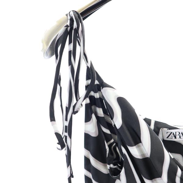 未使用 ZARA ザラ レーヨン 総柄 肩リボン キャミワンピース M ブラック系 タグ付き レディース