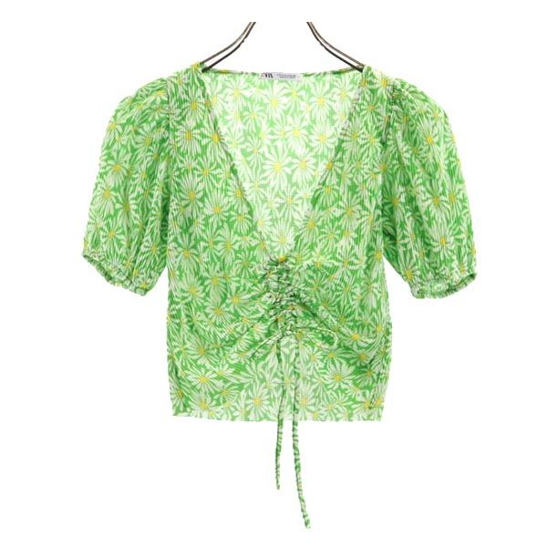 未使用 ZARA ザラ 総花柄 半袖 カットソー S グリーン系 ショート丈 レディース