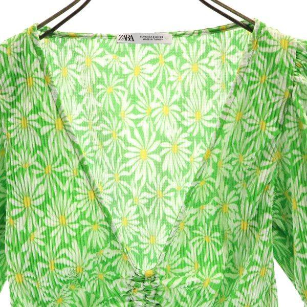 未使用 ZARA ザラ 総花柄 半袖 カットソー S グリーン系 ショート丈 レディース