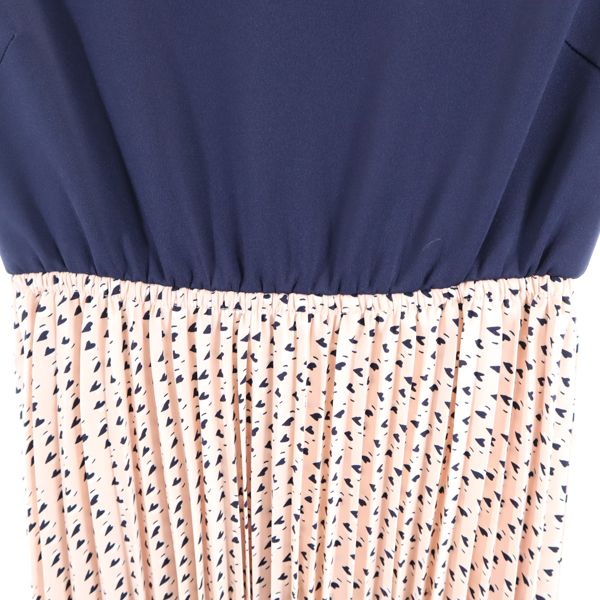 新品 Bonnsylph ノースリーブ スカラップ ネック ワンピース 0 紺 ピンク ウエスト切り替え ハート 総柄 プリーツ レディース